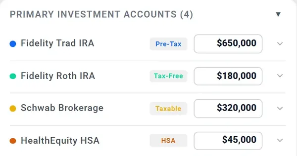 Example accounts: Fidelity Trad IRA $650,000, Fidelity Roth IRA $180,000, Schwab Brokerage $320,000, HealthEquity HSA $45,000