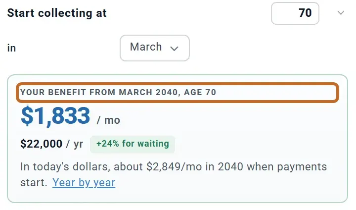 ReadyAimRetire Social Security box, Start collecting at 70 in March: your benefit from March 2040, age 70, $1,833 a month, +24% for waiting. The same box set to January: from January 2041, age 70 and 10 months, the same $1,833 a month.