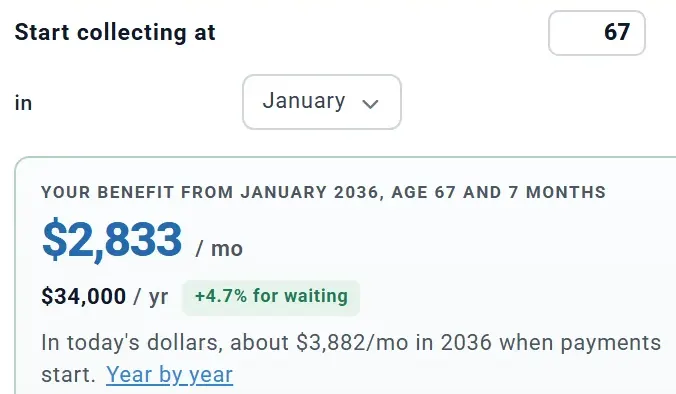 The same box set to start collecting at 67 in January: your benefit from January 2036, age 67 and 7 months, $2,833 a month, $34,000 a year, +4.7% for waiting