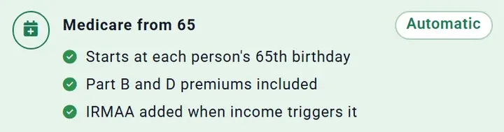 ReadyAimRetire Health Care box, Medicare from 65 card, marked Automatic: starts at each person's 65th birthday; Part B and D premiums included; IRMAA added when income triggers it.