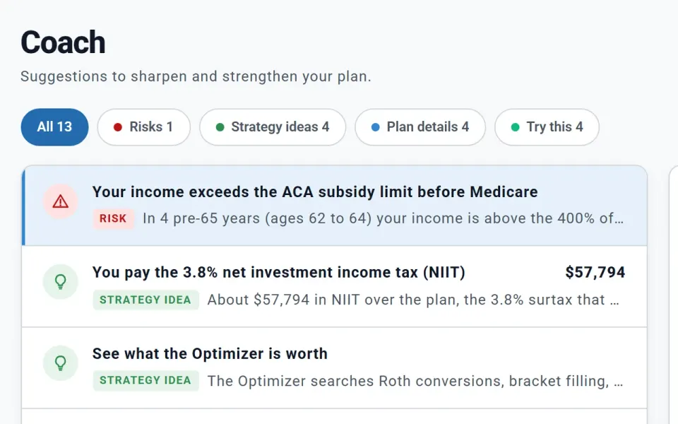 Coach screen of an example plan, flagging a risk and tax ideas