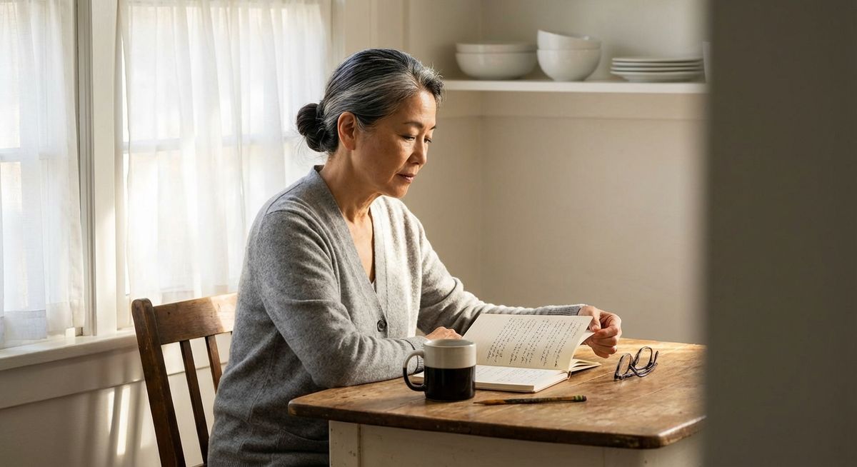 A 60-year-old Japanese-American woman sitting at a small, uncluttered wooden kitchen table in a bright minimalist bungalow, morning light streaming through a window, with a cup of black coffee and an open paper ledger in front of her, thoughtful expression as she reviews her numbers