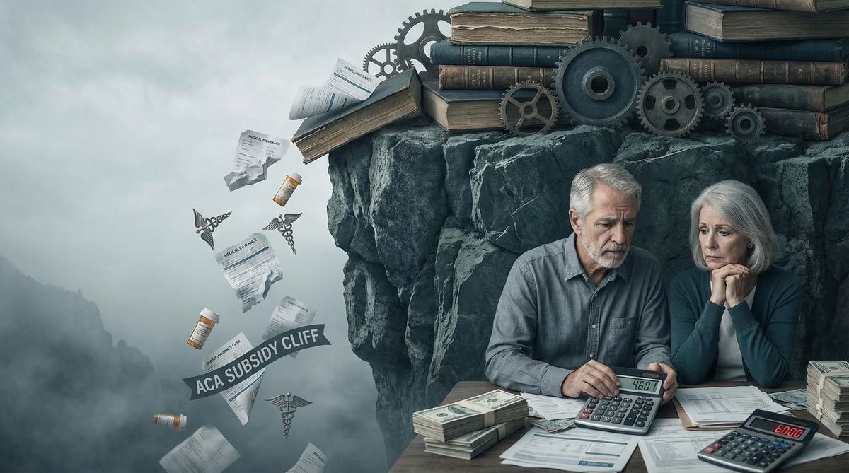 A dramatic visual metaphor of the ACA subsidy cliff — a sharp financial drop-off threatening early retirees' healthcare coverage in 2026