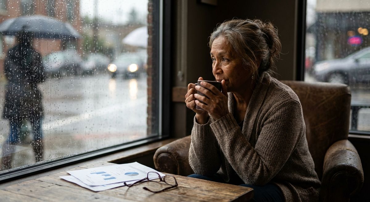 A 60-year-old woman sitting alone in a quiet coffee shop by a rain-streaked window, gazing thoughtfully outward with a cup of coffee in her hands and a few papers on the table beside her