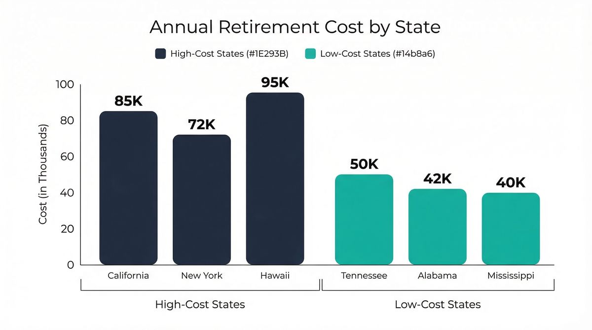 Bar chart comparing annual retirement costs by state: Hawaii $95K, California $85K, and New York $72K in high-cost states versus Tennessee $50K, Alabama $42K, and Mississippi $40K in low-cost states