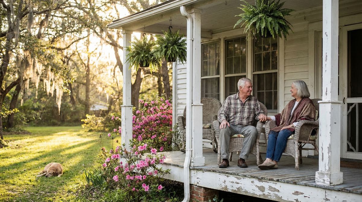 A retired couple relaxing on the porch of a charming Southern-style home during golden hour, surrounded by a lush green yard