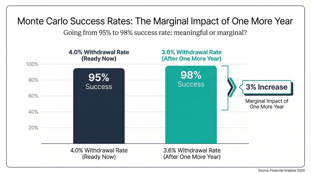 Chart showing Monte Carlo success rates comparing 4.0% withdrawal rate at 95% success versus 3.6% withdrawal rate at 98% success, illustrating the marginal improvement from working one more year