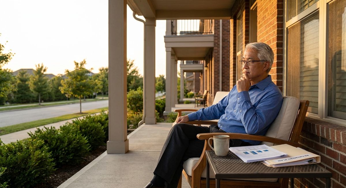 Marcus Chen sitting on the front porch of his paid-off condo in Raleigh, contemplating his unexpected early retirement opportunity with financial documents on a small table beside him