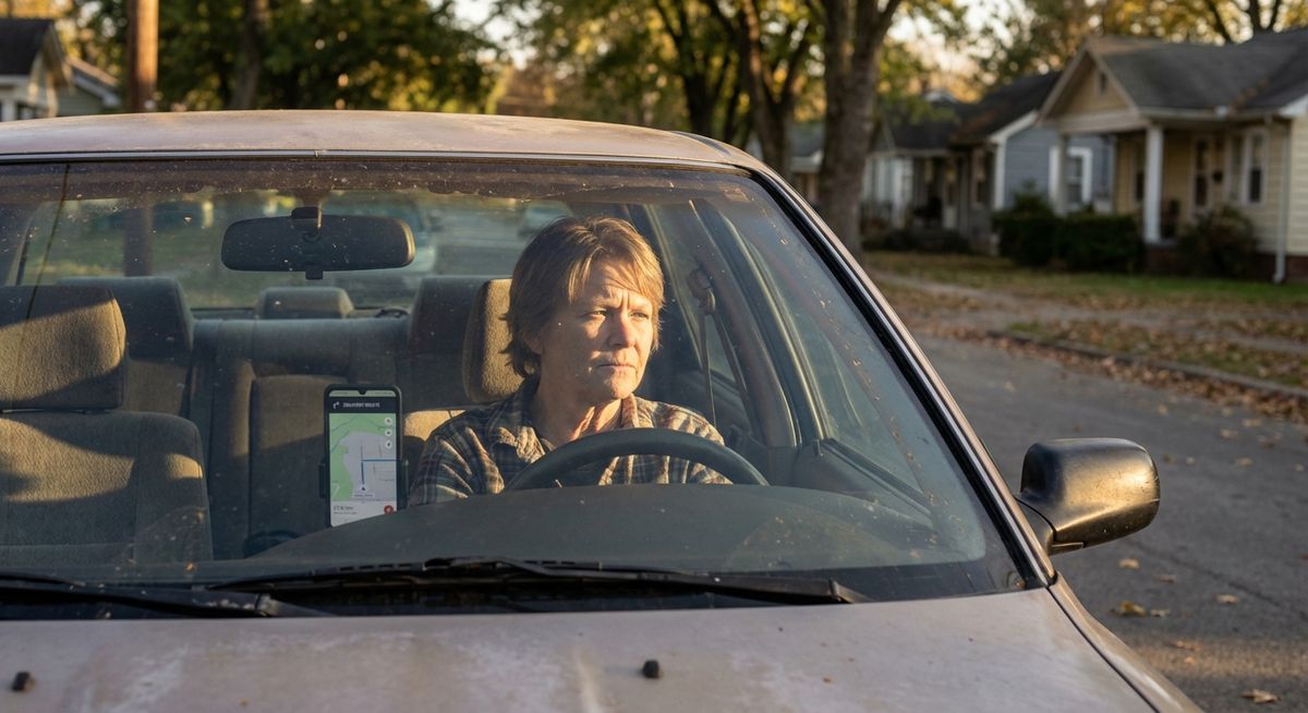 A 61-year-old woman sitting in the driver's seat of her parked car, phone mounted on the dashboard showing a delivery app, looking out through the windshield at a quiet Knoxville residential street in soft late-afternoon light
