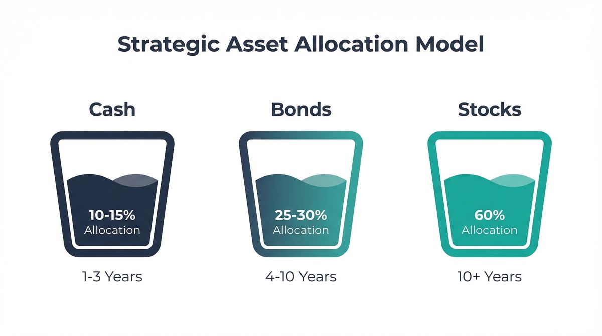Visual diagram showing the three retirement buckets: short-term cash bucket, medium-term bond bucket, and long-term stock bucket with time horizons