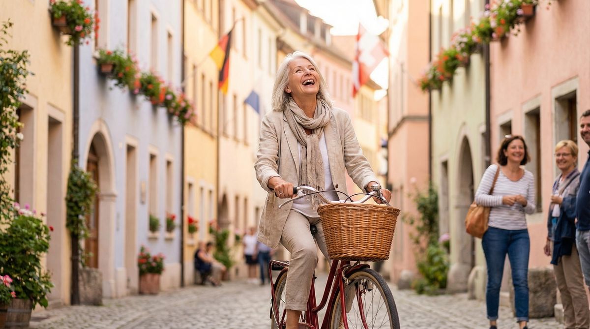 A joyful woman in her late 60s laughing while riding a bicycle through a colorful European village street, capturing the freedom and happiness of early retirement