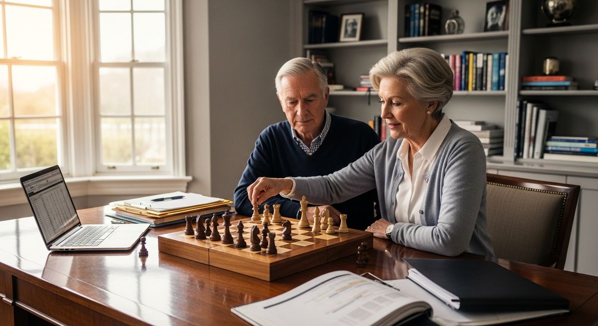 A chess grandmaster in their 60s contemplating strategic moves on an elegant chessboard, representing the strategic thinking required for retirement tax planning