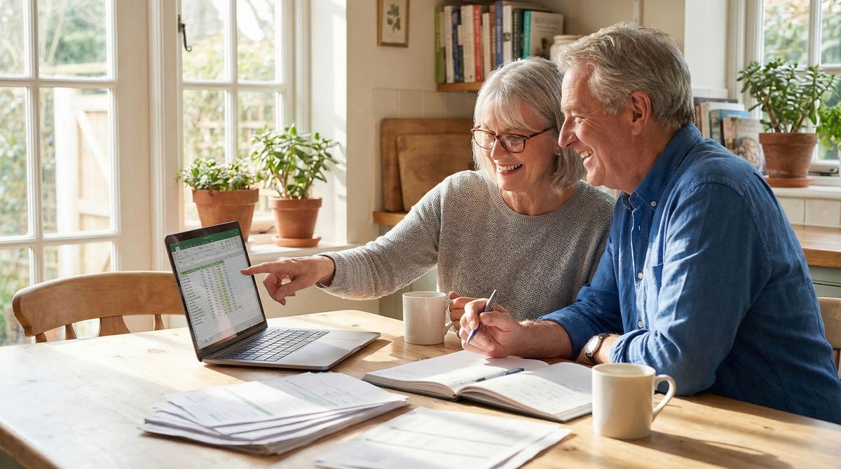 A cheerful couple in their late 60s sitting at a kitchen table reviewing tax documents on a laptop, representing smart retirement tax planning and financial security