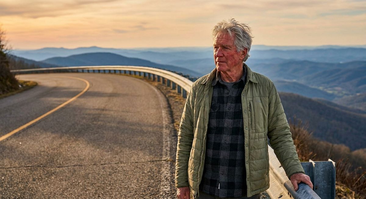 An elderly man standing beside a steel guardrail on a winding mountain highway at golden hour, looking out over the valley below