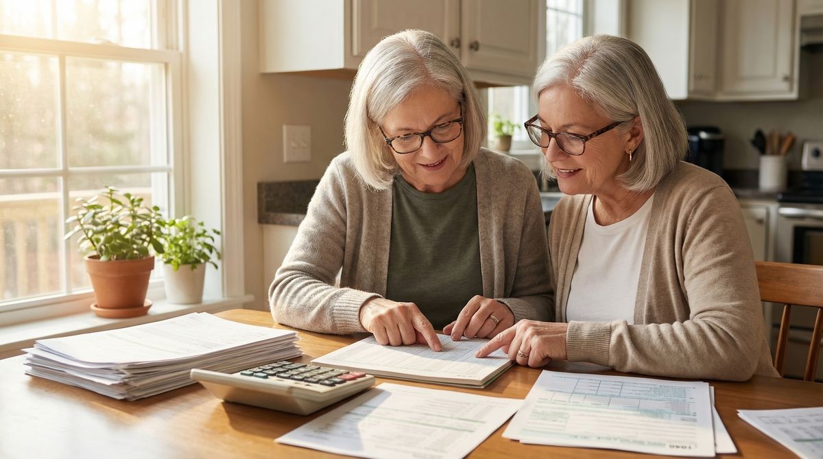 Mature couple reviewing financial documents and tax planning materials at kitchen table with natural lighting