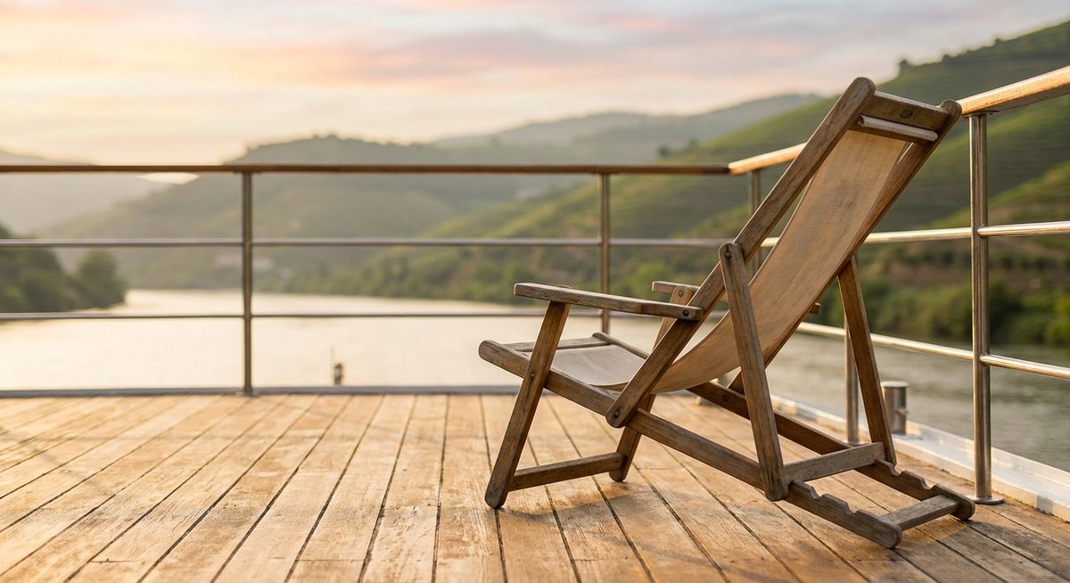 A single empty deck chair on a river cruise ship at golden hour, the trip almost skipped out of caution