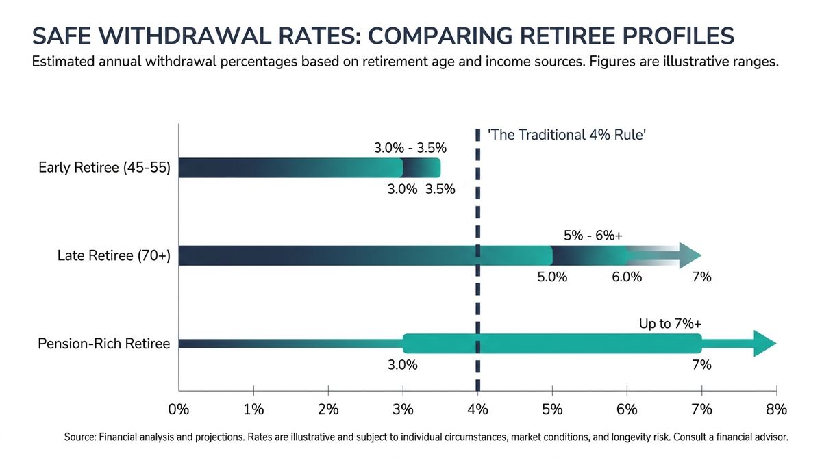 Chart comparing safe withdrawal rate ranges for an early retiree, a late retiree, and a pension-rich retiree against the traditional 4% rule