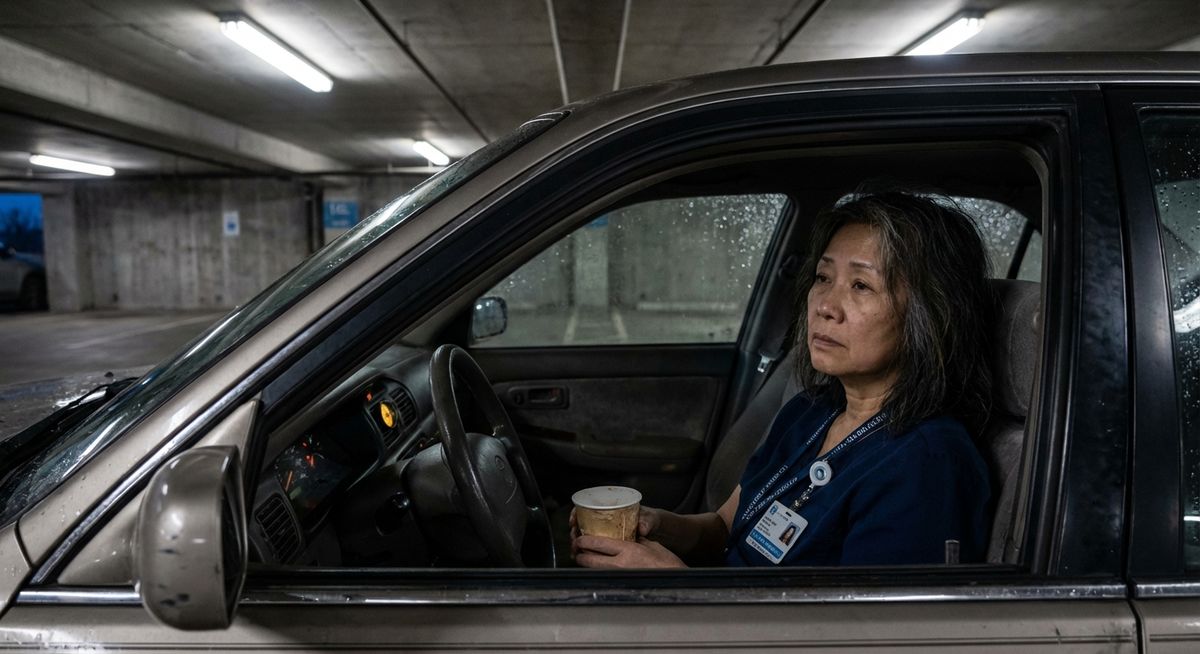 Sharon Nguyen, a 60-year-old nurse, sits in her car in a hospital parking garage after her shift, looking contemplative about her upcoming retirement decision. Her scrubs and tired but determined expression tell the story of three decades caring for others.